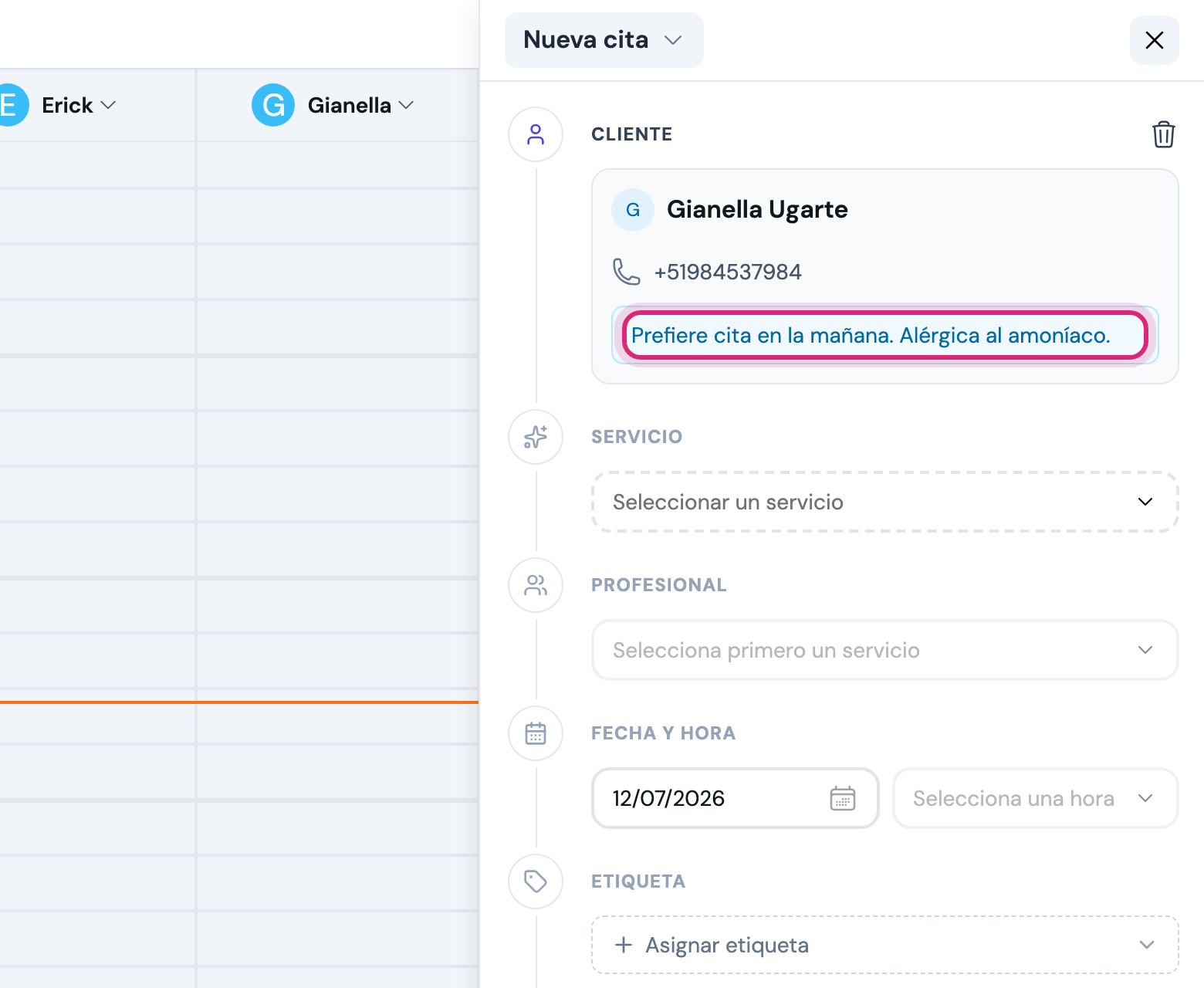 Nota del cliente resaltada al agendar una cita
