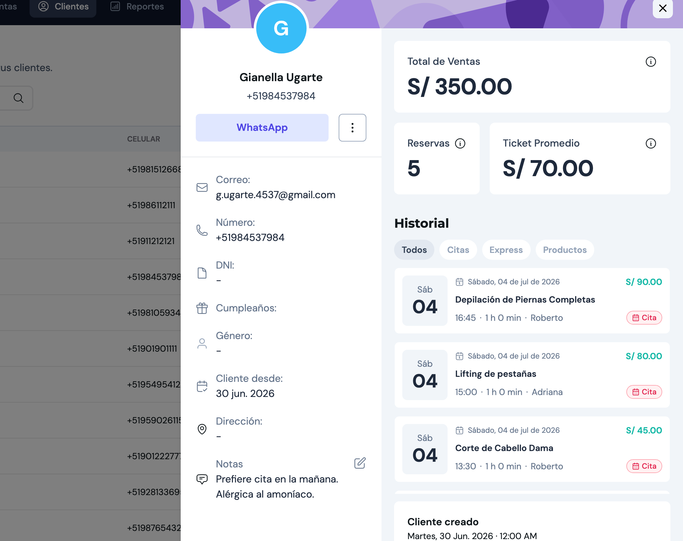 Perfil de un cliente con sus datos, métricas e historial