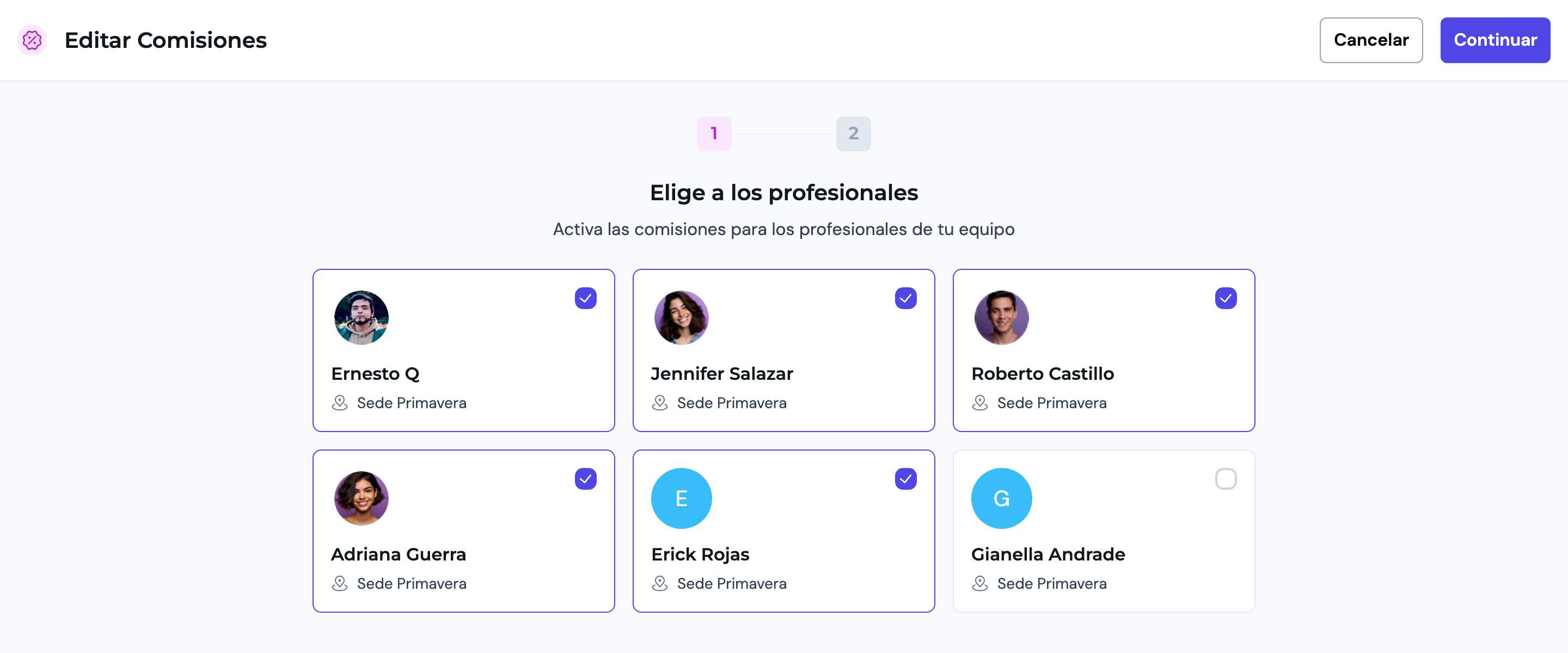 Paso 1 del flujo, con las tarjetas de cada profesional del equipo y una sin marcar