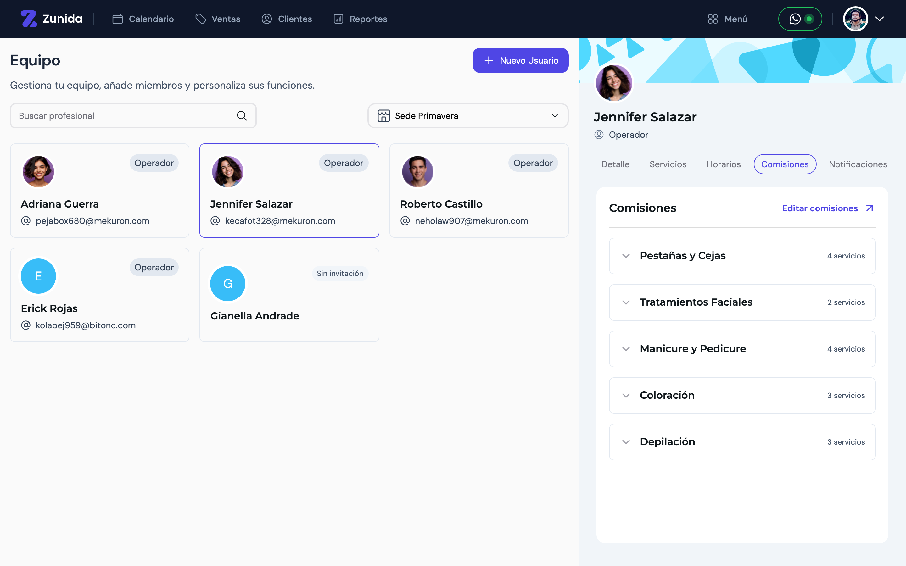 Pestaña Comisiones del perfil, con las comisiones configuradas por categoría