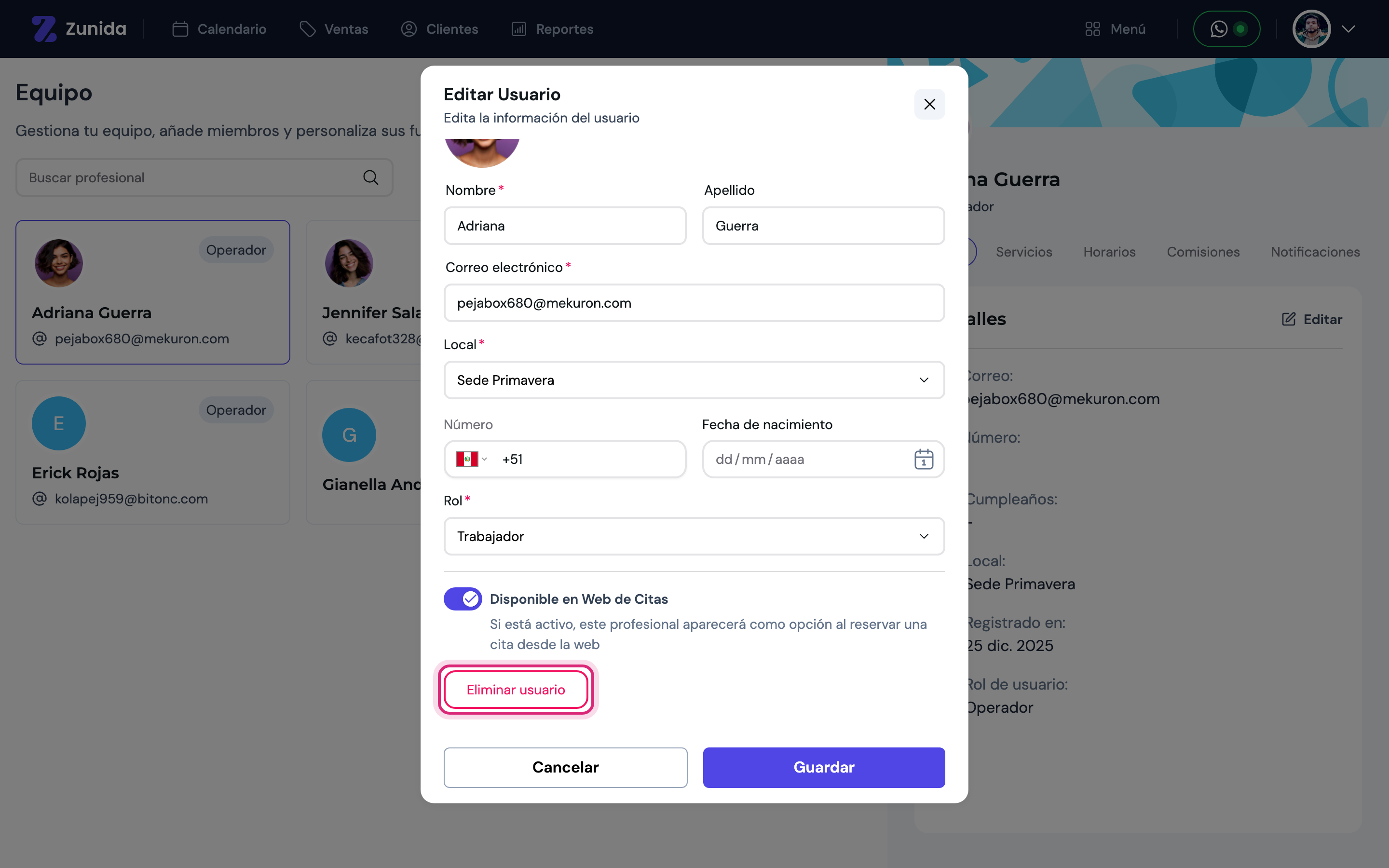 Modal de Editar Usuario, con el botón Eliminar usuario resaltado
