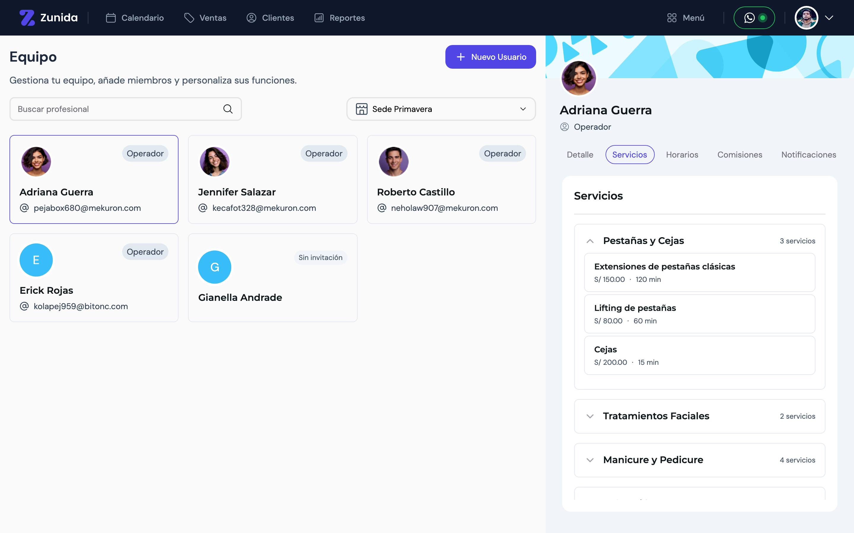 Pestaña Servicios del perfil, con una categoría expandida mostrando sus servicios
