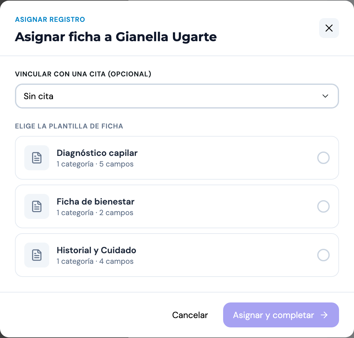 Modal para asignar una ficha a un cliente