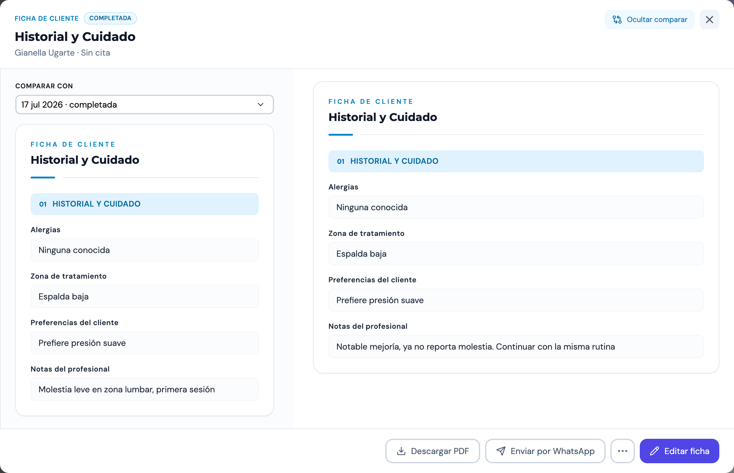 Dos fichas del mismo cliente comparadas lado a lado