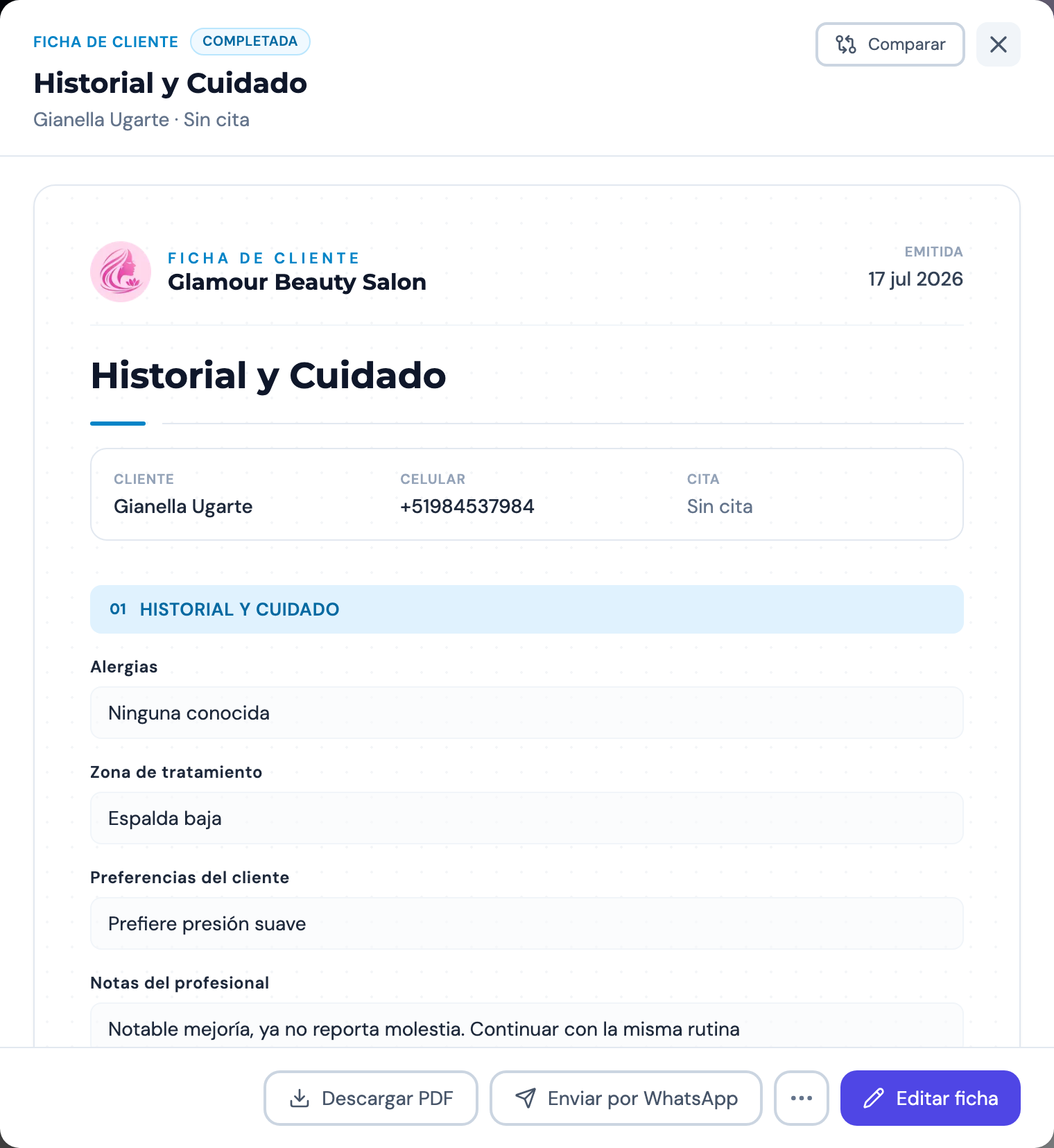 Una ficha completada, con sus respuestas y las acciones disponibles