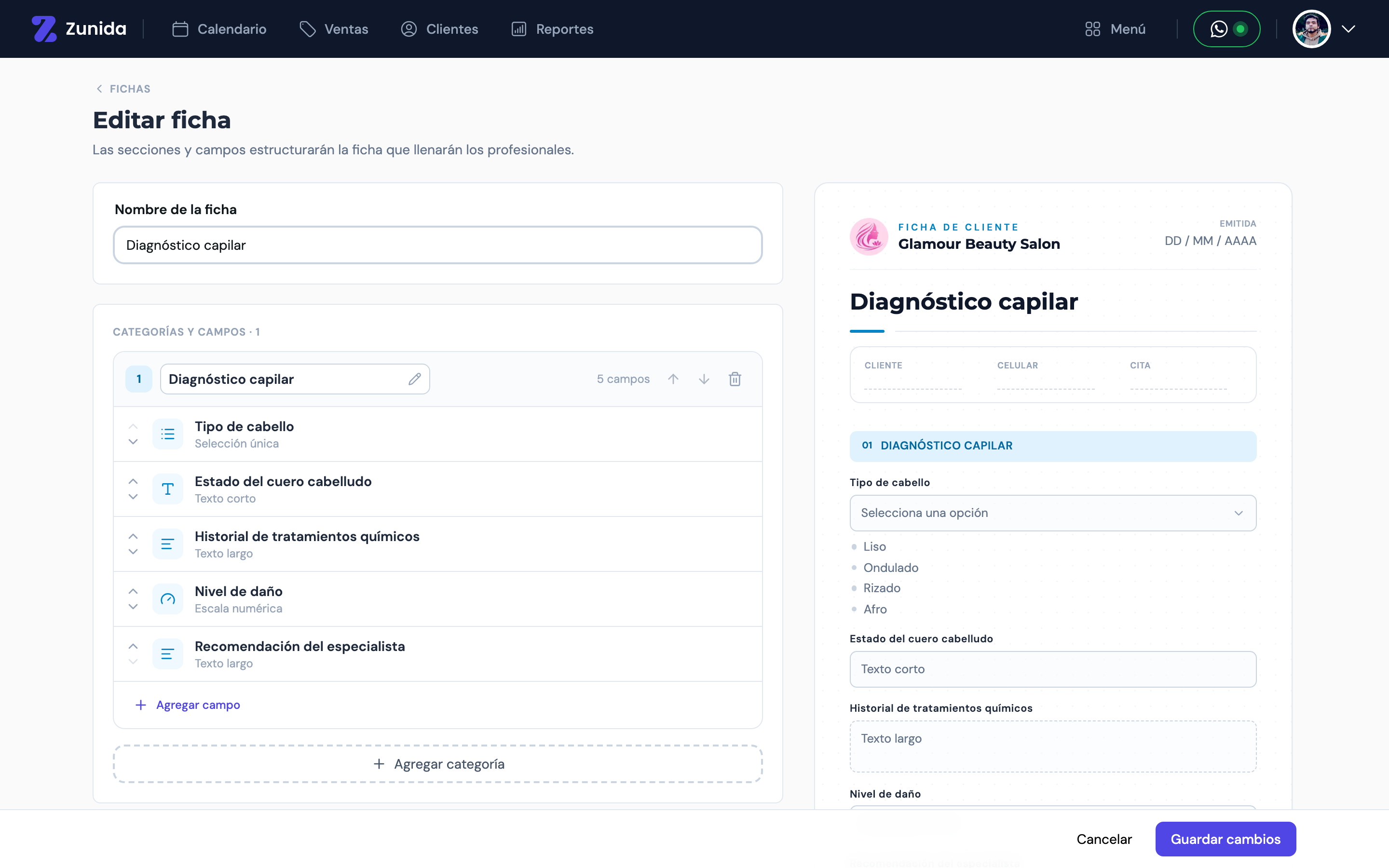 Editor de fichas con sus categorías y campos, y la vista previa al costado