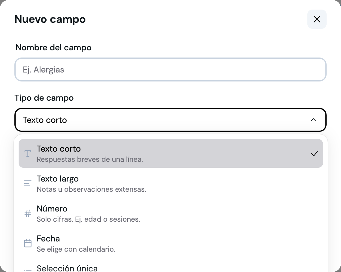 Lista de tipos de campo disponibles