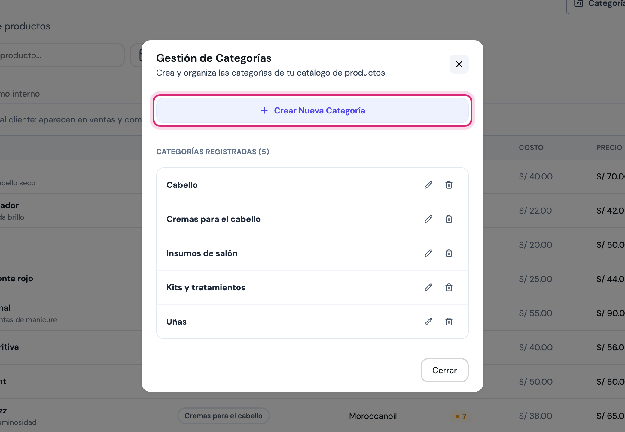 Modal de Gestión de Categorías con la lista y el botón para crear una nueva