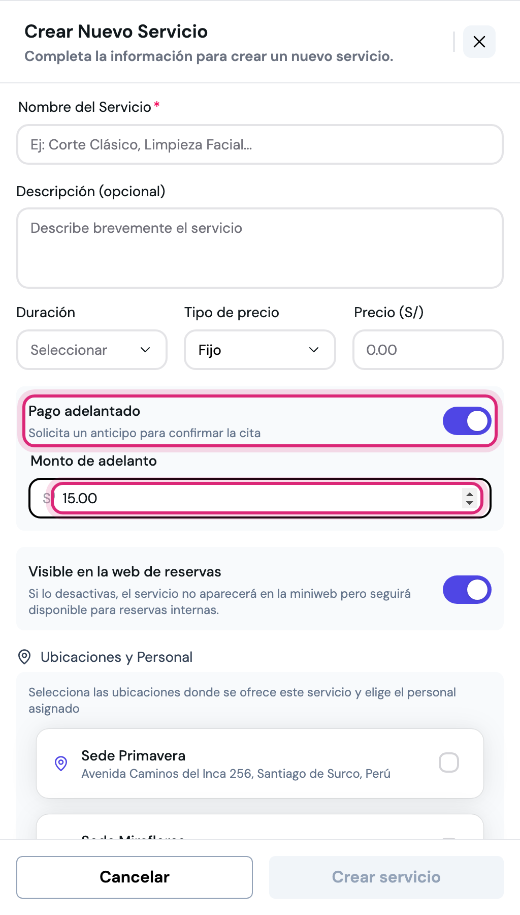 Interruptor de pago adelantado y campo de monto en el formulario de servicio