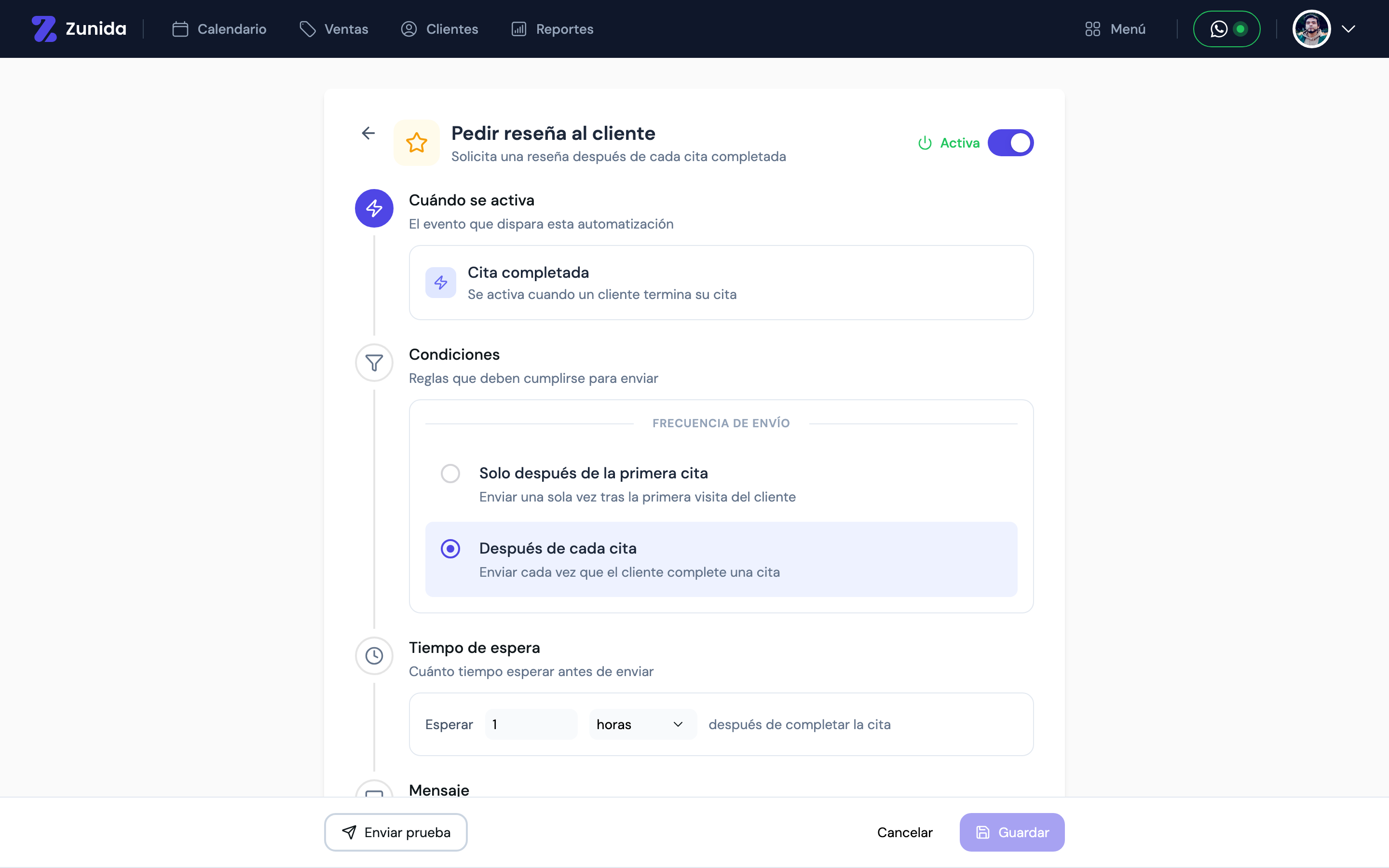 Pantalla de configuración de «Pedir reseña al cliente»