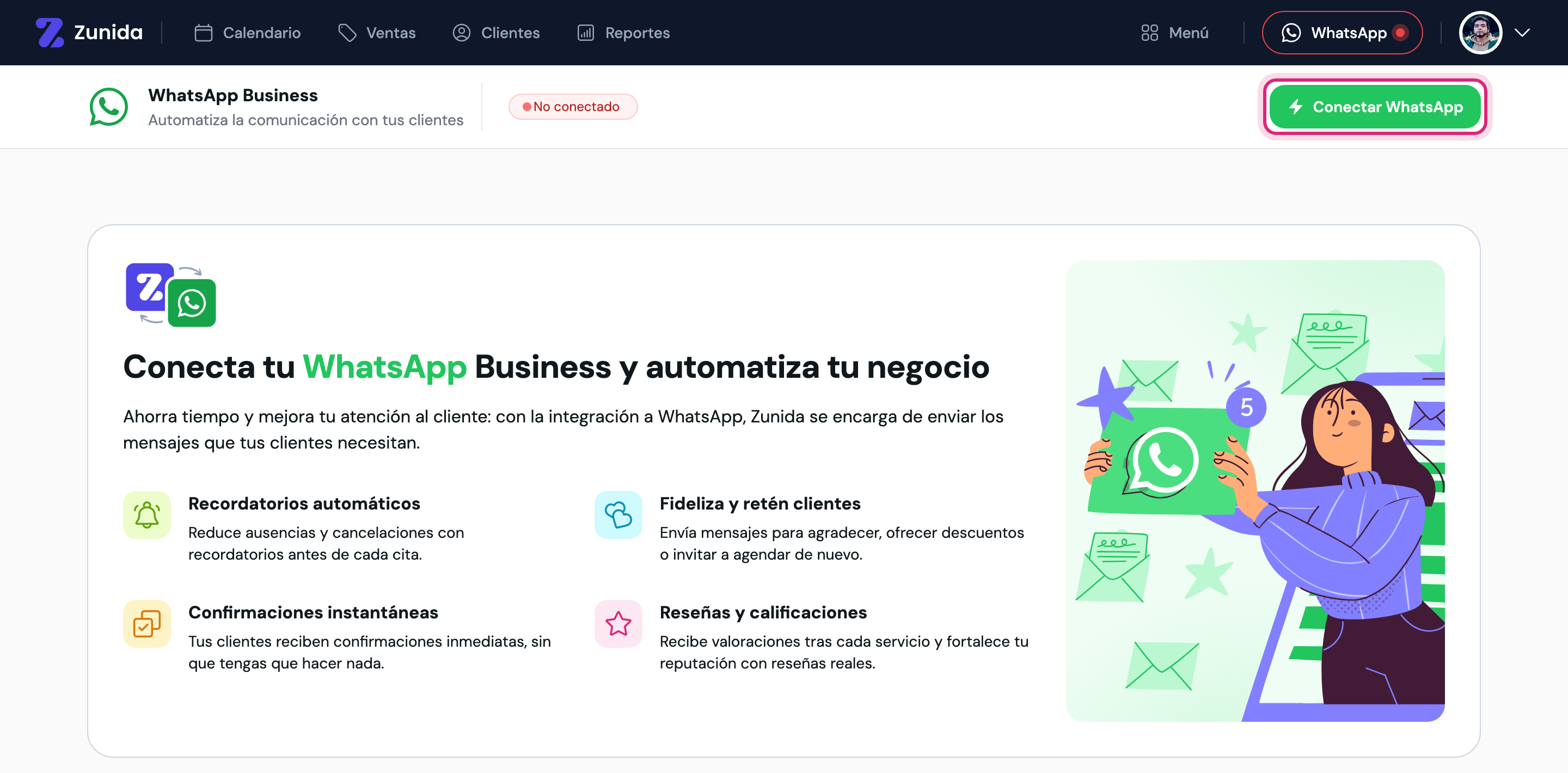 Pantalla de WhatsApp en Zunida antes de conectar, con el botón Conectar WhatsApp resaltado