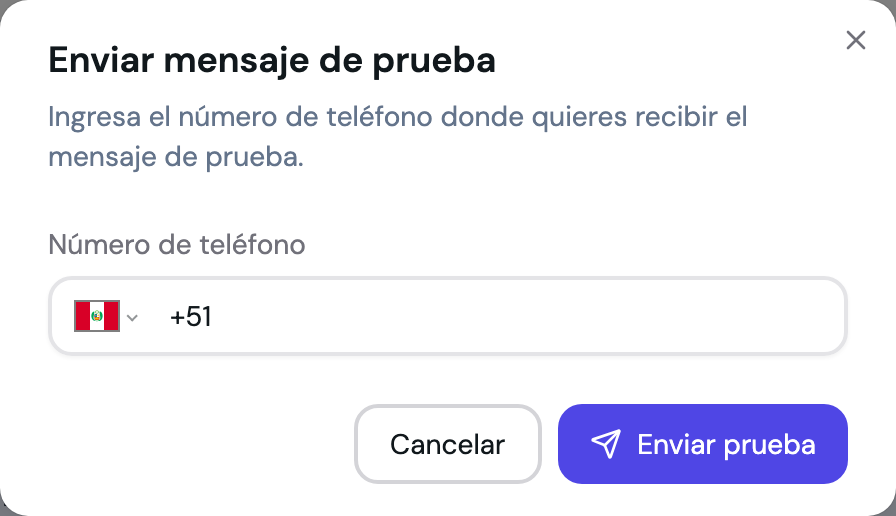 Modal para enviar un mensaje de prueba a un número de teléfono