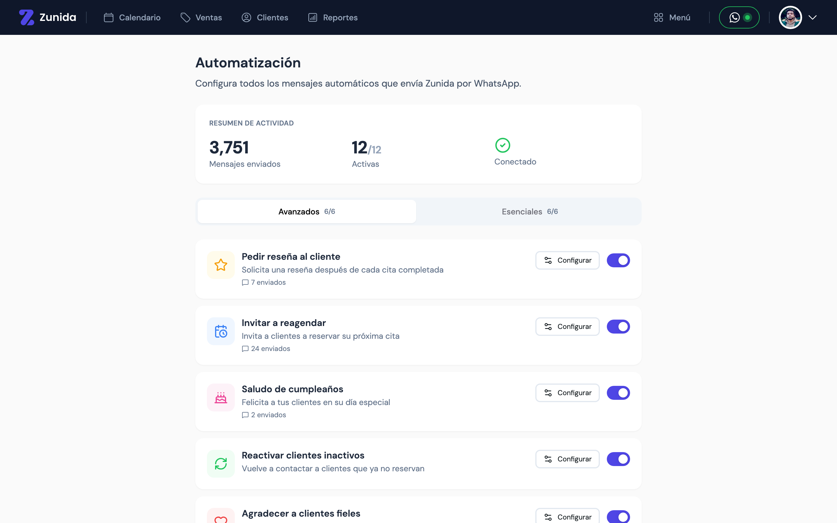 Pantalla de Automatización con el resumen de actividad y la lista de automatizaciones