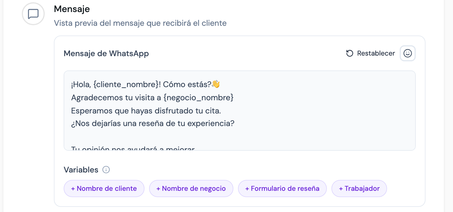 Editor del mensaje con las variables disponibles