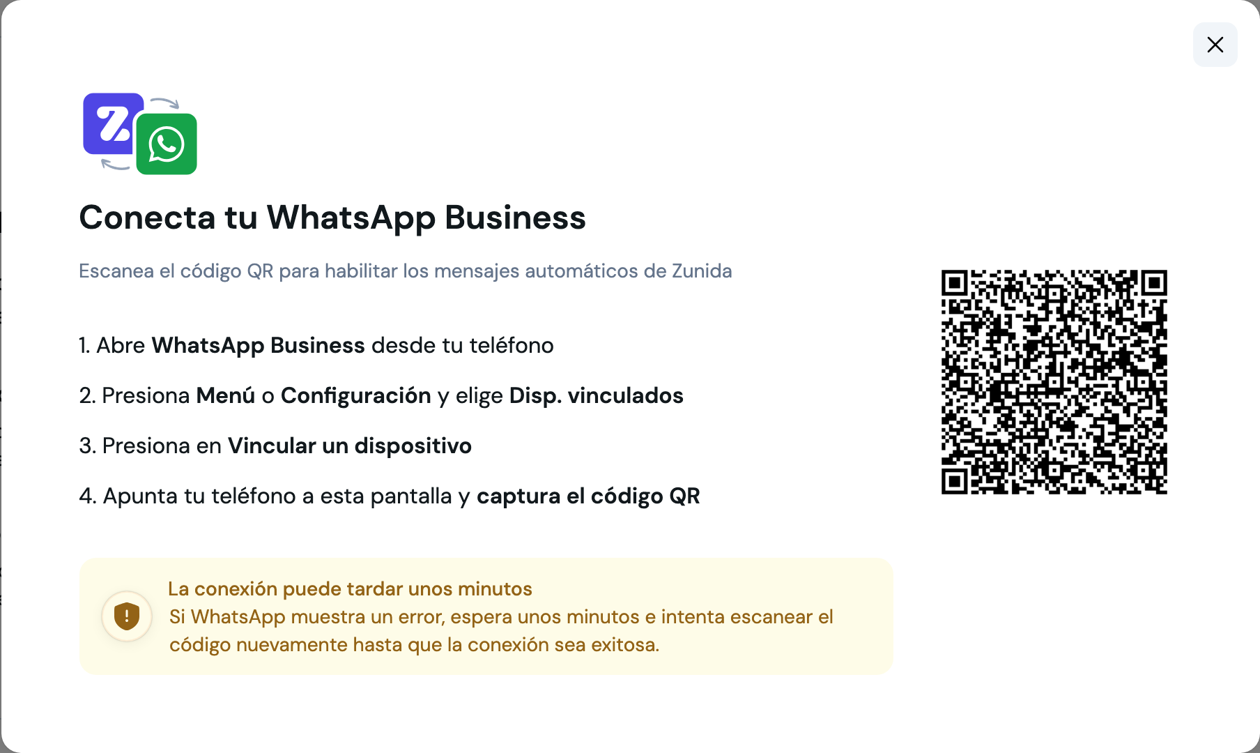 Pantalla con el código QR y los cuatro pasos para vincular el teléfono